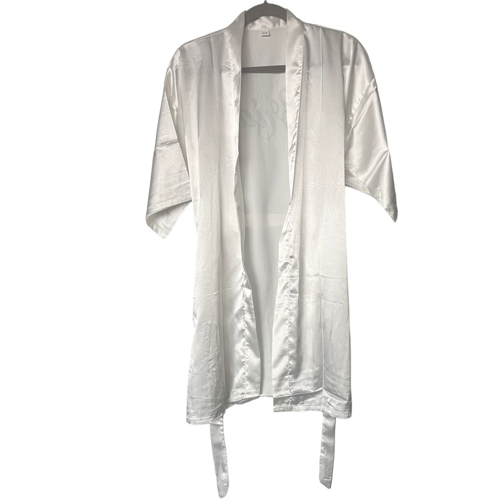 White Rhinestone Bride Wedding Silky Robe - Picture 5 of 10